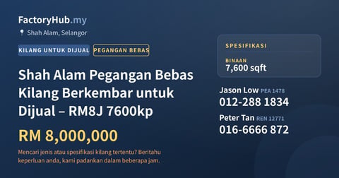 Kilang Untuk Dijual - Shah Alam Pegangan Bebas Kilang Berkembar untuk Dijual – RM8J 7600kp - Shah Alam, Selangor