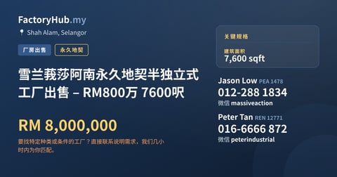 工厂 出售 - 雪兰莪莎阿南永久地契半独立式工厂出售 – RM800万 7600呎 - Shah Alam, Selangor