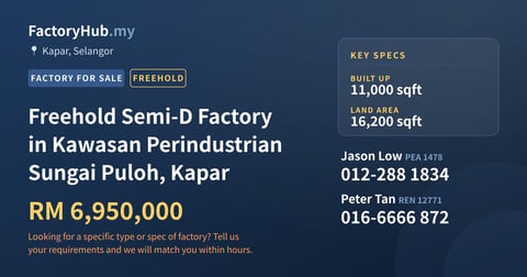 Factory For Sale - Freehold Semi-D Factory in Kawasan Perindustrian Sungai Puloh, Kapar - Kapar, Selangor