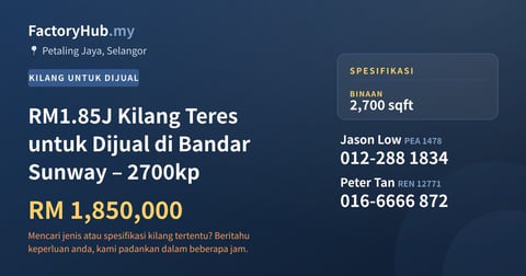 Kilang Untuk Dijual - RM1.85J Kilang Teres untuk Dijual di Bandar Sunway – 2700kp - Petaling Jaya, Selangor