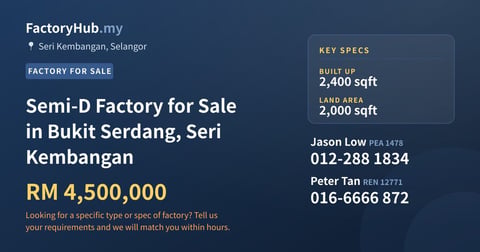 Factory For Sale - Semi-D Factory for Sale in Bukit Serdang, Seri Kembangan - Seri Kembangan, Selangor