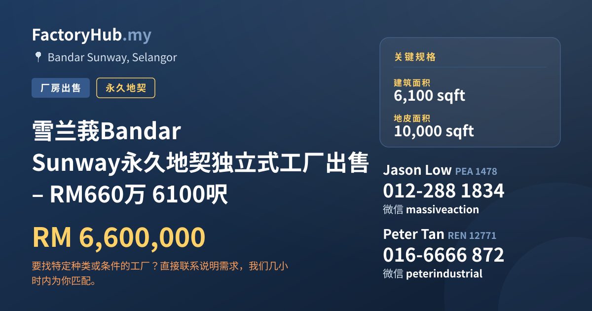 工厂 出售 - 雪兰莪Bandar Sunway永久地契独立式工厂出售 – RM660万 6100呎 - Bandar Sunway, Selangor