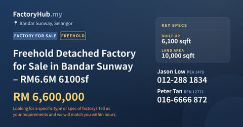 Factory For Sale - Freehold Detached Factory for Sale in Bandar Sunway – RM6.6M 6100sf - Bandar Sunway, Selangor
