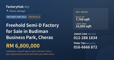 Factory For Sale - Freehold Semi-D Factory for Sale in Budiman Business Park, Cheras - Cheras, Selangor