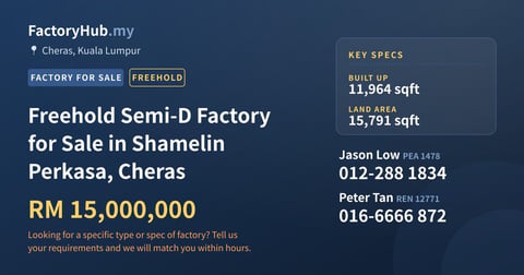 Factory For Sale - Freehold Semi-D Factory for Sale in Shamelin Perkasa, Cheras - Cheras, Kuala Lumpur