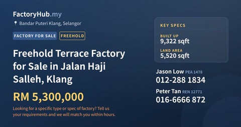 Factory For Sale - Freehold Terrace Factory for Sale in Jalan Haji Salleh, Klang - Bandar Puteri Klang, Selangor