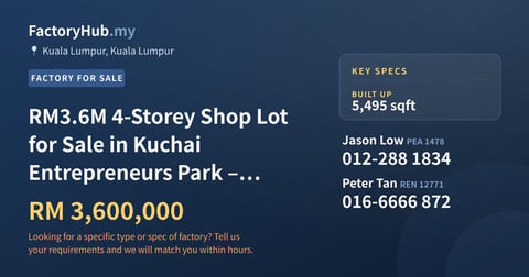 Commercial For Sale - RM3.6M 4-Storey Shop Lot for Sale in Kuchai Entrepreneurs Park – 5495sf - Kuala Lumpur, Kuala Lumpur
