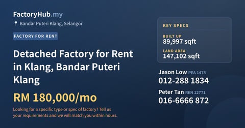 Factory For Rent - Detached Factory for Rent in Klang, Bandar Puteri Klang - Bandar Puteri Klang, Selangor