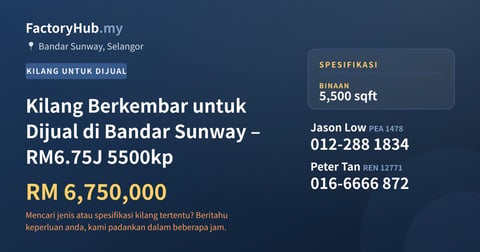 Kilang Untuk Dijual - Kilang Berkembar untuk Dijual di Bandar Sunway – RM6.75J 5500kp - Bandar Sunway, Selangor