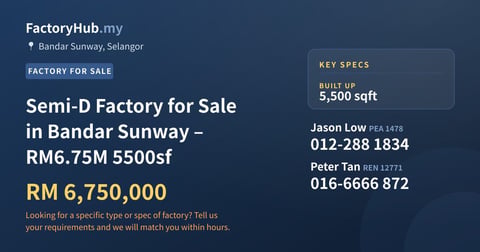 Factory For Sale - Semi-D Factory for Sale in Bandar Sunway – RM6.75M 5500sf - Bandar Sunway, Selangor