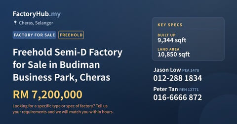 Factory For Sale - Freehold Semi-D Factory for Sale in Budiman Business Park, Cheras - Cheras, Selangor