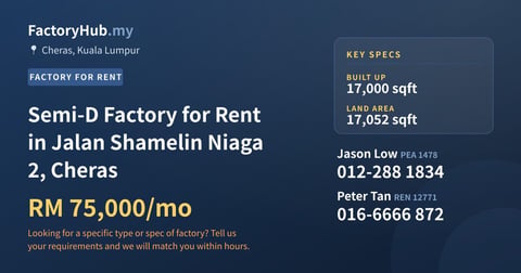 Factory For Rent - Semi-D Factory for Rent in Jalan Shamelin Niaga 2, Cheras - Cheras, Kuala Lumpur