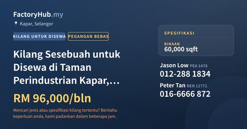 Kilang Untuk Disewa - Kilang Sesebuah untuk Disewa di Taman Perindustrian Kapar, Kapar - Kapar, Selangor