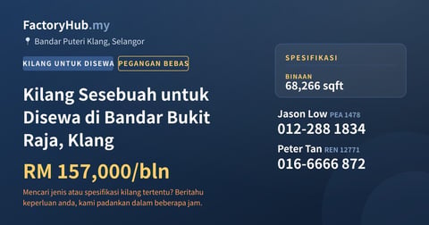 Kilang Untuk Disewa - Kilang Sesebuah untuk Disewa di Bandar Bukit Raja, Klang - Bandar Puteri Klang, Selangor