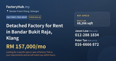 Factory For Rent - Detached Factory for Rent in Bandar Bukit Raja, Klang - Bandar Puteri Klang, Selangor