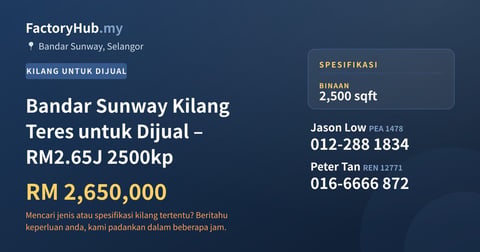 Kilang Untuk Dijual - Bandar Sunway Kilang Teres untuk Dijual – RM2.65J 2500kp - Bandar Sunway, Selangor