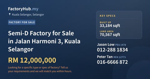 Factory For Sale - Semi-D Factory for Sale in Jalan Harmoni 3, Kuala Selangor - Kuala Selangor, Selangor