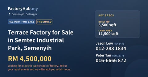 Factory For Sale - Terrace Factory for Sale in Semtec Industrial Park, Semenyih - Semenyih, Selangor