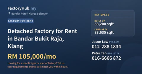 Factory For Rent - Detached Factory for Rent in Bandar Bukit Raja, Klang - Bandar Puteri Klang, Selangor