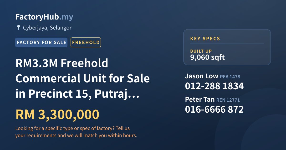 Commercial For Sale - RM3.3M Freehold Commercial Unit for Sale in Precinct 15, Putrajaya – 9060sf - Cyberjaya, Selangor