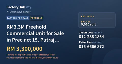 Commercial For Sale - RM3.3M Freehold Commercial Unit for Sale in Precinct 15, Putrajaya – 9060sf - Cyberjaya, Selangor