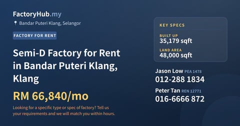 Factory For Rent - Semi-D Factory for Rent in Bandar Puteri Klang, Klang - Bandar Puteri Klang, Selangor