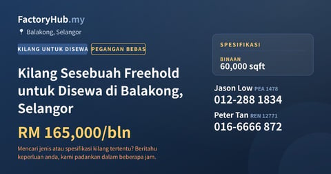 Kilang Untuk Disewa - Kilang Sesebuah Freehold untuk Disewa di Balakong, Selangor - Balakong, Selangor