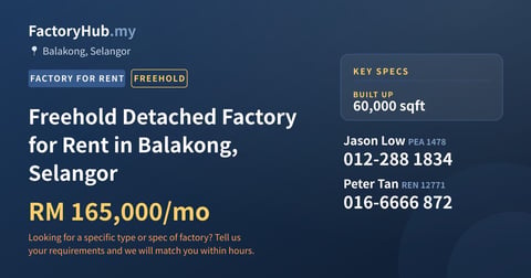Factory For Rent - Freehold Detached Factory for Rent in Balakong, Selangor - Balakong, Selangor
