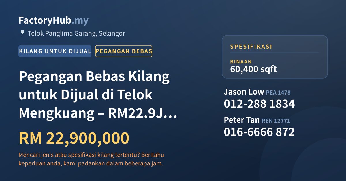 Kilang Untuk Dijual - Pegangan Bebas Kilang untuk Dijual di Telok Mengkuang – RM22.9J 60400kp - Telok Panglima Garang, Selangor