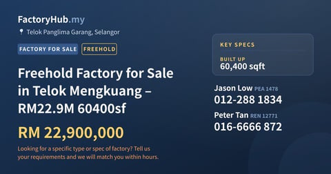 Factory For Sale - Freehold Factory for Sale in Telok Mengkuang – RM22.9M 60400sf - Telok Panglima Garang, Selangor
