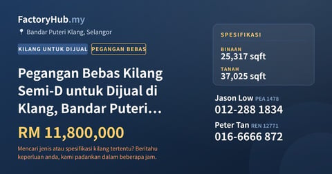 Kilang Untuk Dijual - Pegangan Bebas Kilang Semi-D untuk Dijual di Klang, Bandar Puteri Klang - Bandar Puteri Klang, Selangor