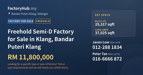 Factory For Sale - Freehold Semi-D Factory for Sale in Klang, Bandar Puteri Klang - Bandar Puteri Klang, Selangor