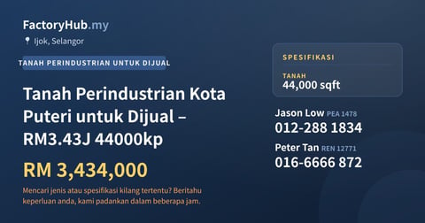 Tanah Untuk Dijual - Tanah Perindustrian Kota Puteri untuk Dijual – RM3.43J 44000kp - Ijok, Selangor
