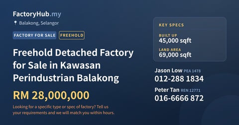 Factory For Sale - Freehold Detached Factory for Sale in Kawasan Perindustrian Balakong - Balakong, Selangor