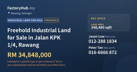 Land For Sale - Freehold Industrial Land for Sale in Jalan KPK 1/4, Rawang - Rawang, Selangor