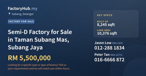 Factory For Sale - Semi-D Factory for Sale in Taman Subang Mas, Subang Jaya - Subang, Selangor