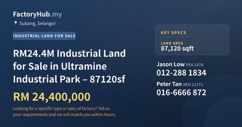 Land For Sale - RM24.4M Industrial Land for Sale in Ultramine Industrial Park – 87120sf - Subang, Selangor