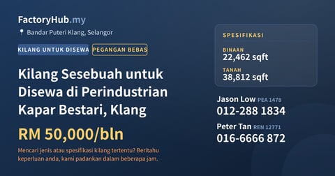Kilang Untuk Disewa - Kilang Sesebuah untuk Disewa di Perindustrian Kapar Bestari, Klang - Bandar Puteri Klang, Selangor