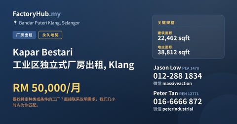 工厂 出租 - Kapar Bestari 工业区独立式厂房出租, Klang - Bandar Puteri Klang, Selangor