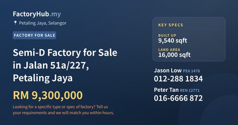 Factory For Sale - Semi-D Factory for Sale in Jalan 51a/227, Petaling Jaya - Petaling Jaya, Selangor