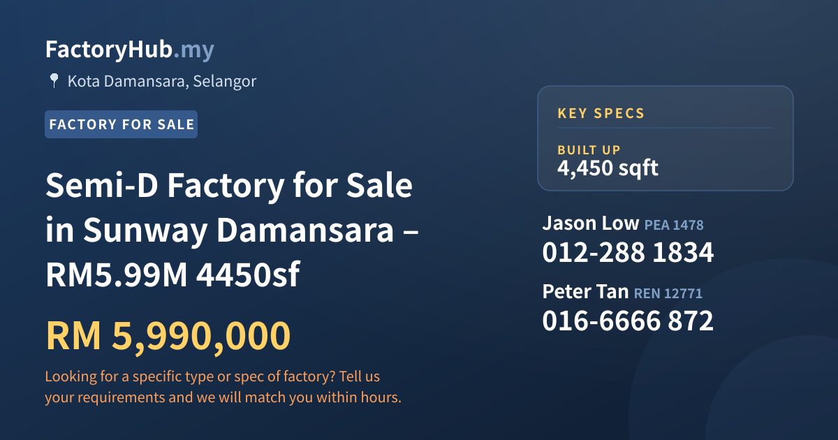 Factory For Sale - Semi-D Factory for Sale in Sunway Damansara – RM5.99M 4450sf - Kota Damansara, Selangor