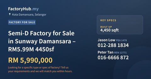 Factory For Sale - Semi-D Factory for Sale in Sunway Damansara – RM5.99M 4450sf - Kota Damansara, Selangor
