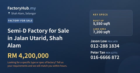 Factory For Sale - Semi-D Factory for Sale in Jalan Utarid, Shah Alam - Shah Alam, Selangor