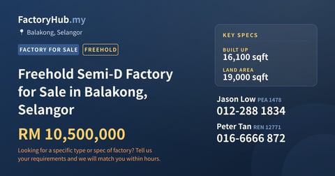 Factory For Sale - Freehold Semi-D Factory for Sale in Balakong, Selangor - Balakong, Selangor