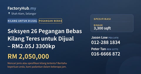 Kilang Untuk Dijual - Seksyen 26 Pegangan Bebas Kilang Teres untuk Dijual – RM2.05J 3300kp - Shah Alam, Selangor