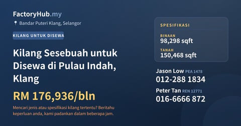 Kilang Untuk Disewa - Kilang Sesebuah untuk Disewa di Pulau Indah, Klang - Bandar Puteri Klang, Selangor