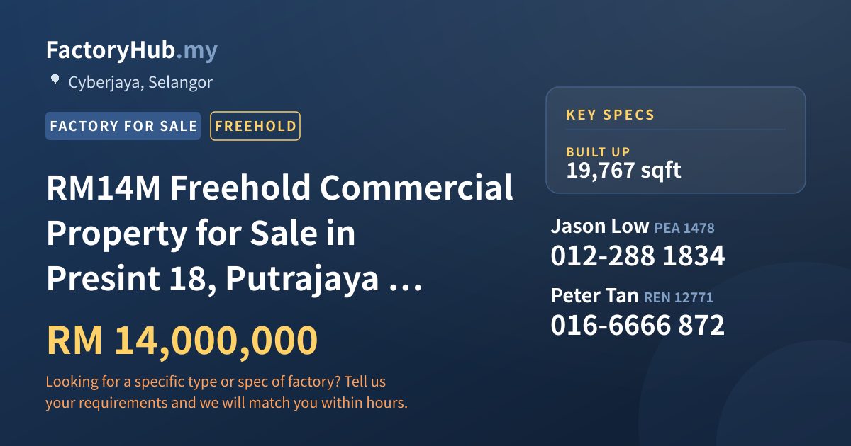 Commercial For Sale - RM14M Freehold Commercial Property for Sale in Presint 18, Putrajaya – 19767sf - Cyberjaya, Selangor