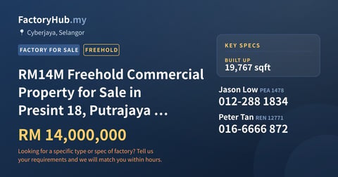 Commercial For Sale - RM14M Freehold Commercial Property for Sale in Presint 18, Putrajaya – 19767sf - Cyberjaya, Selangor