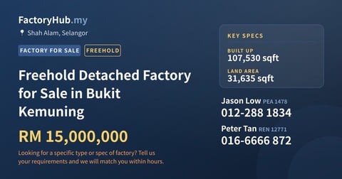 Factory For Sale - Freehold Detached Factory for Sale in Bukit Kemuning - Shah Alam, Selangor