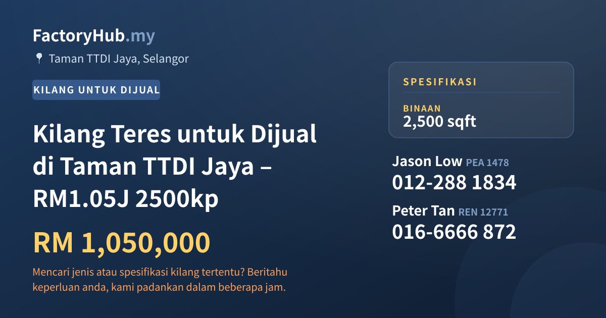 Kilang Untuk Dijual - Kilang Teres untuk Dijual di Taman TTDI Jaya – RM1.05J 2500kp - Taman TTDI Jaya, Selangor